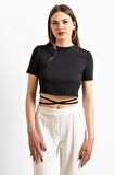 Belden Bağlamalı Sırt Dekolteli Crop Top Bluz